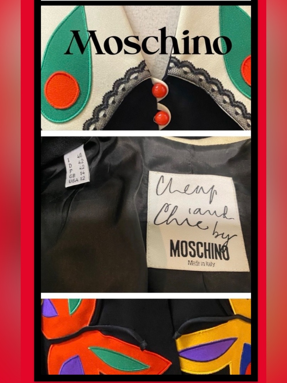 MOSCHINO Cheap & Chic Italy Black Butterfly Jacket Sz 46/12 ( fits like a 10) - Picture 8 of 10